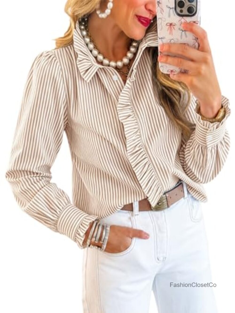 Women's Ruffle Long Sleeve Blouse Button Down Work Top